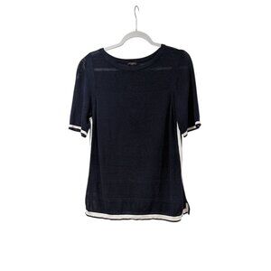 Talbots Petite Navy Blue Linen Mesh Knit Round Neck Short Sleeve Sweater Sz LP
